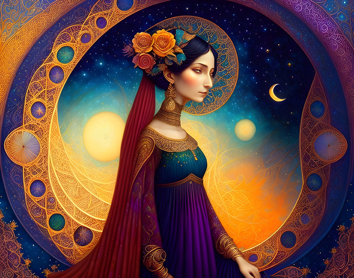 Illustration of woman with floral crown and celestial hair design