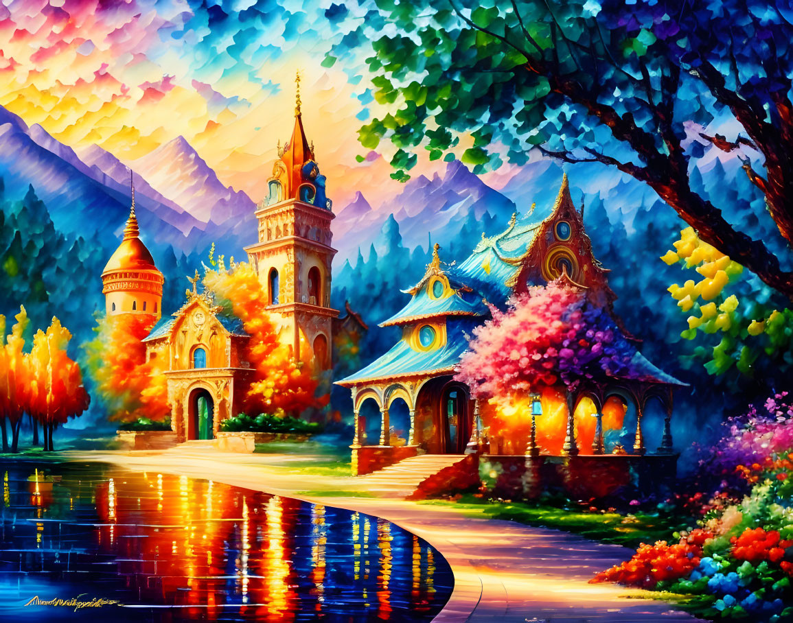 Colorful whimsical village painting with vibrant trees, reflective river, and fantastical architecture.