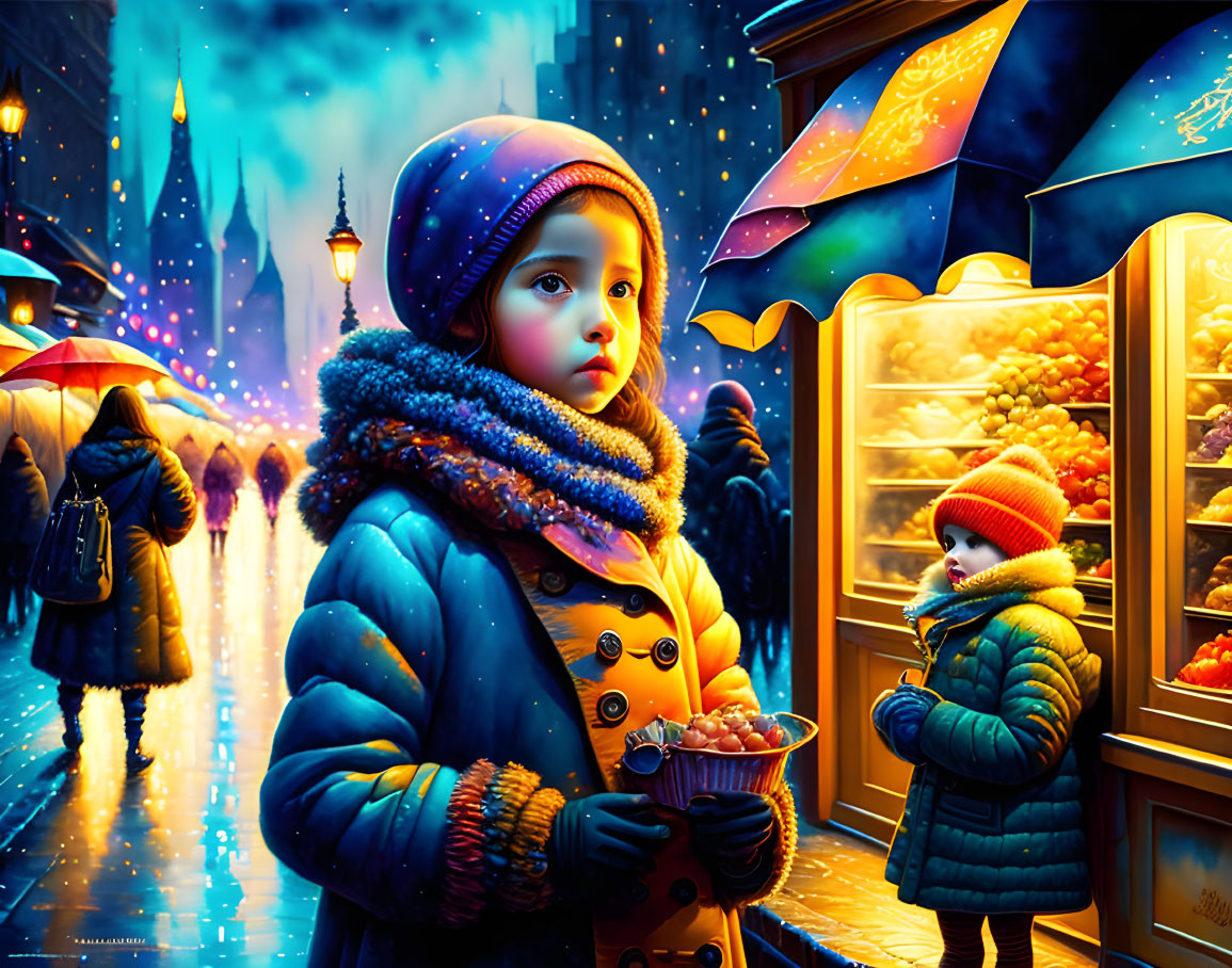 Child in winter coat and hat on vibrant, illuminated street with shops and figure holding an umbrella