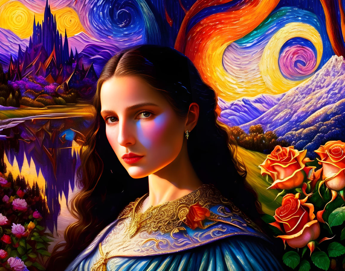 Dark-haired woman in blue medieval dress in vibrant landscape with roses, starry sky, and castle