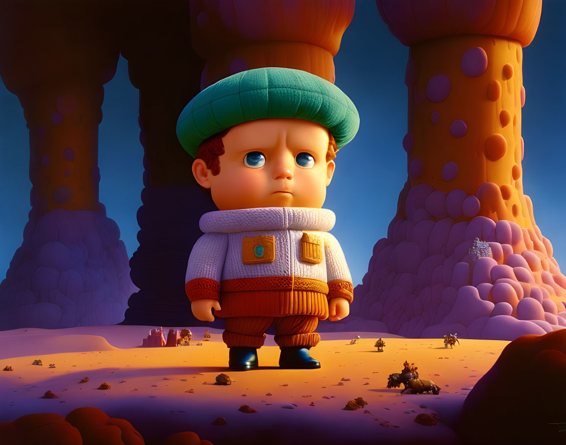 Child with oversized head in white sweater, green beret, orange pants in fantastical desert landscape