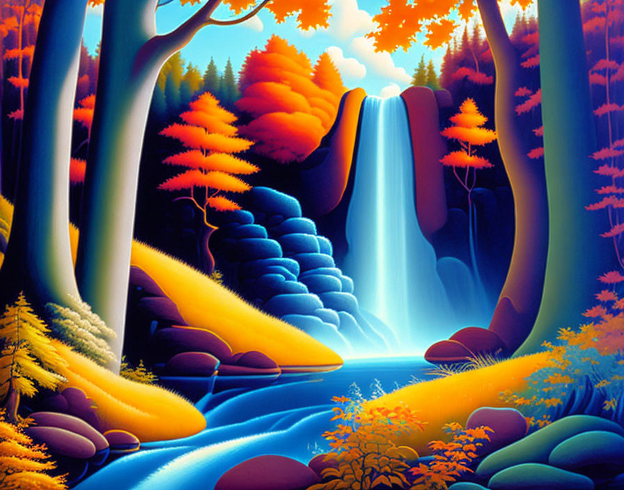 Colorful waterfall painting in fantastical forest with blue water and vibrant foliage