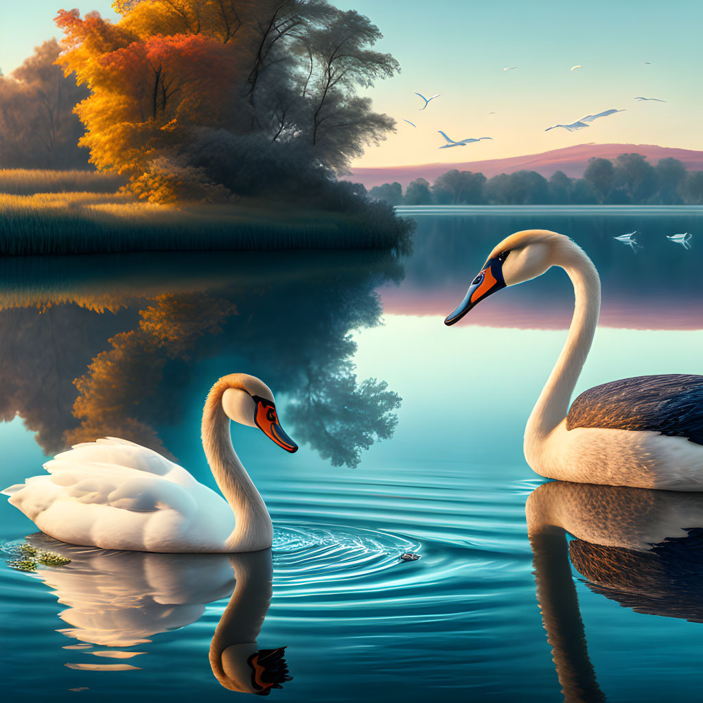 Tranquil sunset scene with swans on lake and autumn trees