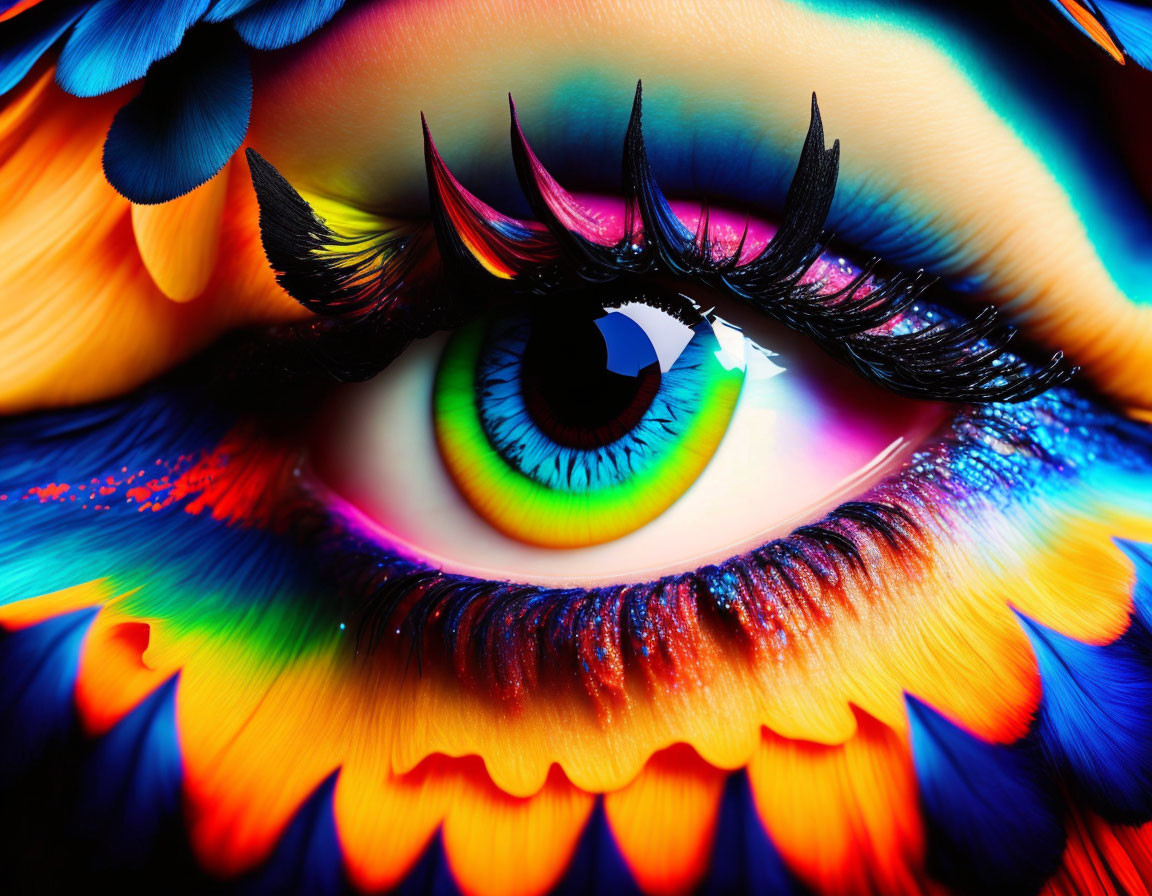 Colorful Close-Up Eye with Multicolored Makeup and Long Eyelashes