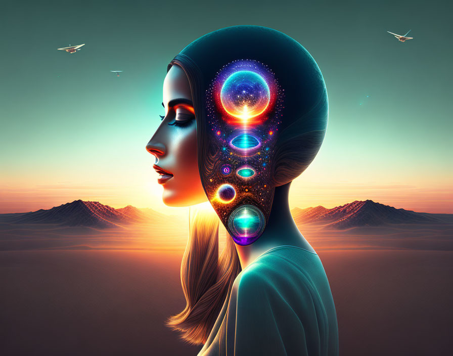 Profile of woman with cosmic scene hair against desert sunset