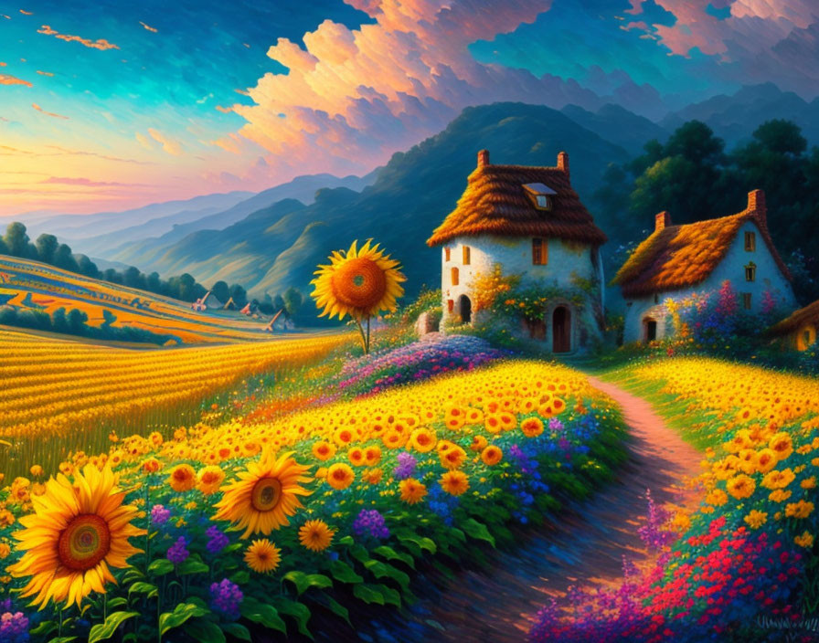 Colorful painting: Cottage in flower field under sunset sky