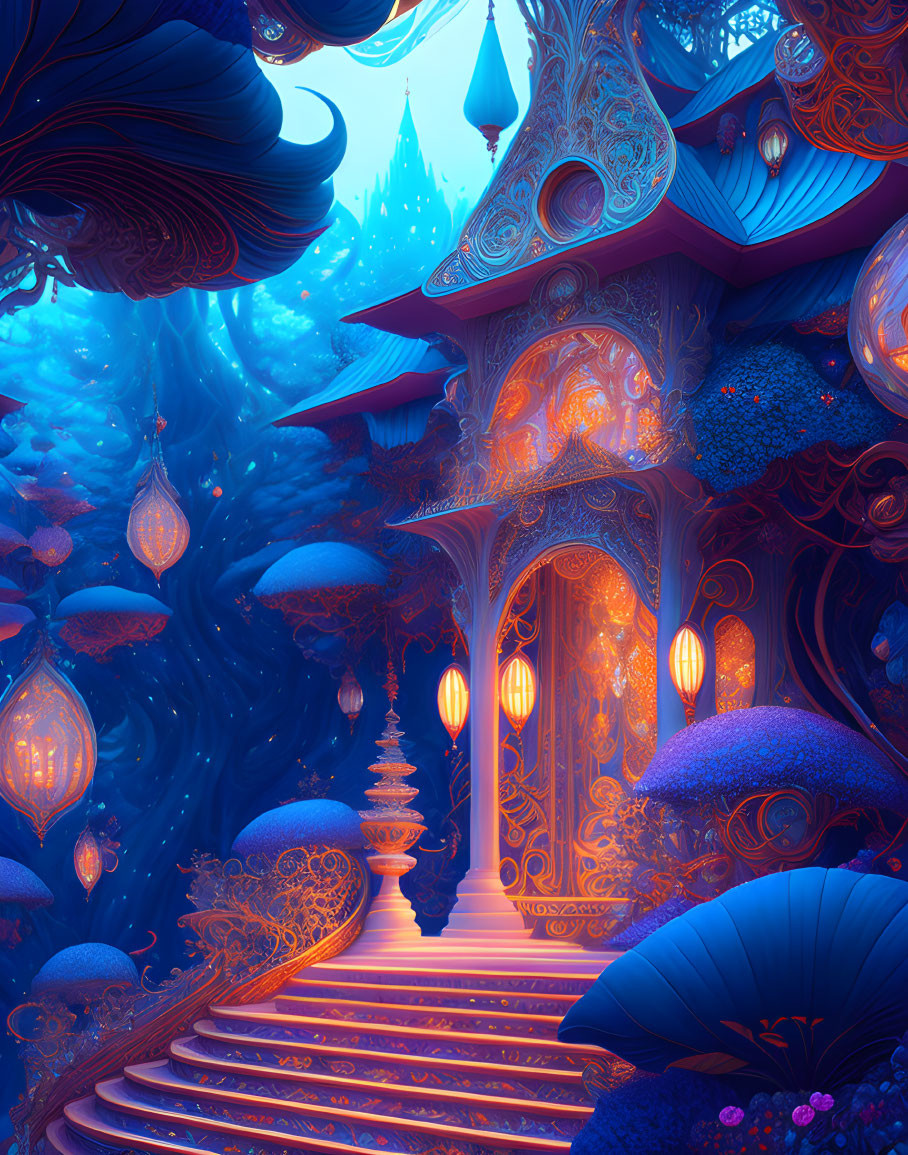 Fantastical glowing structure in mysterious blue forest