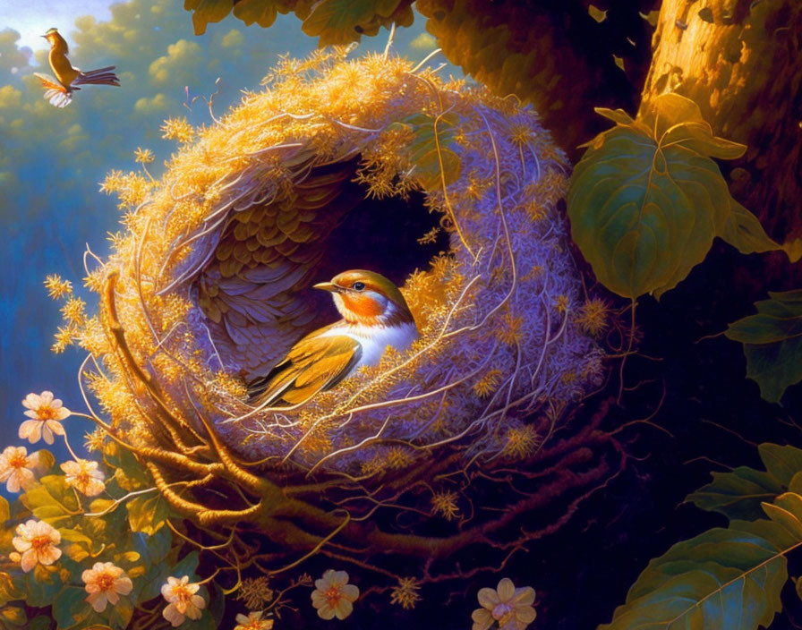 Vibrant painting of bird in circular nest with blossoming flowers