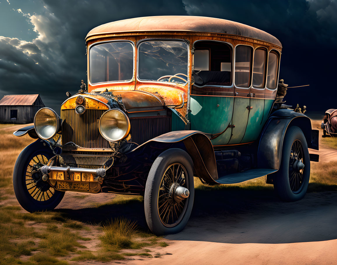 Rusted vintage car with colorful patina on dusty terrain under dramatic sky