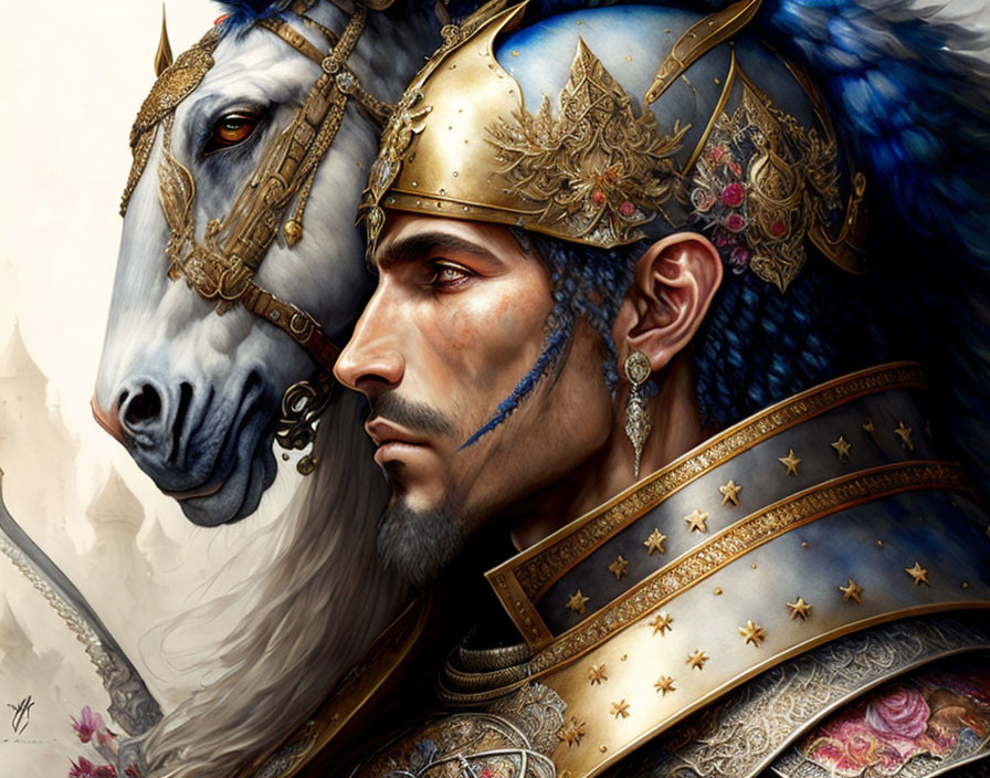 Regal man in elaborate armor and white horse with gold accents