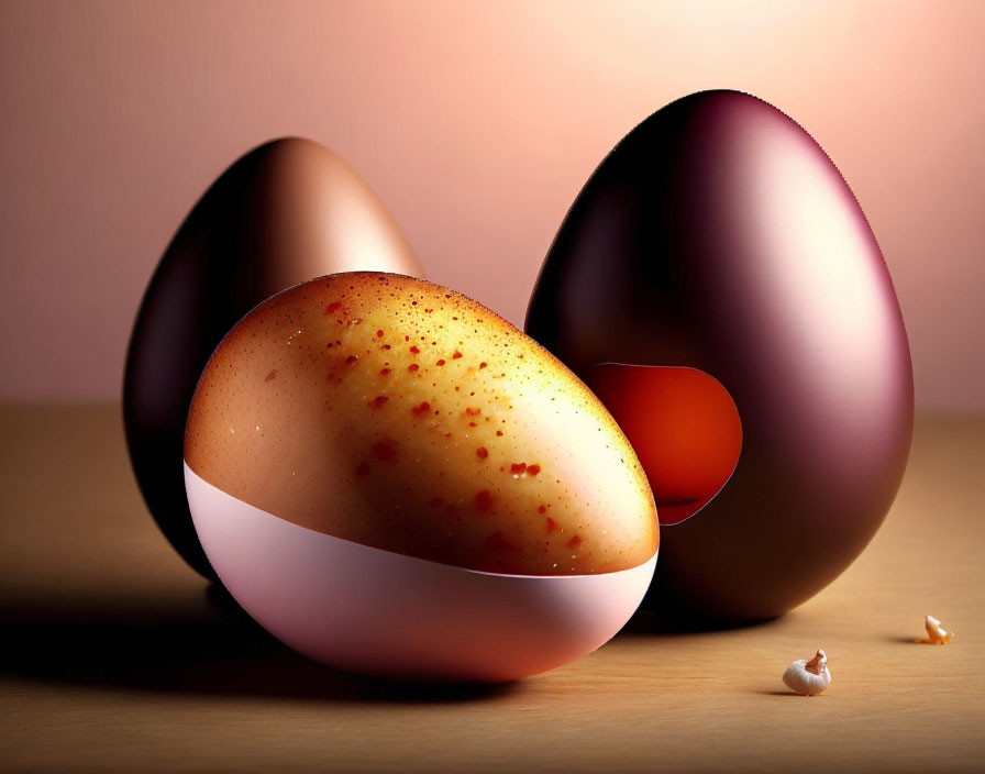 Three chocolate eggs in varying sizes on pink background.