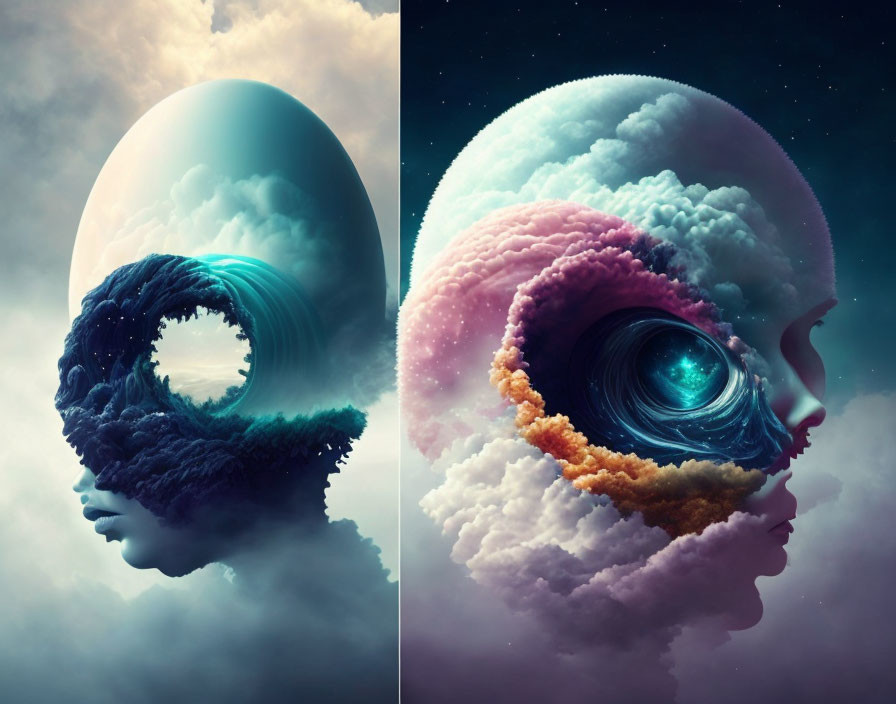 Surreal diptych: Egg-shaped celestial bodies with coastal wave textures and galaxy-like cores