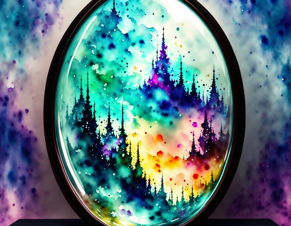 Abstract Oval Artwork with Vibrant Dripping Colors