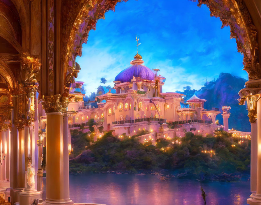 Fantastical palace at dusk with purple hues and ornate architecture