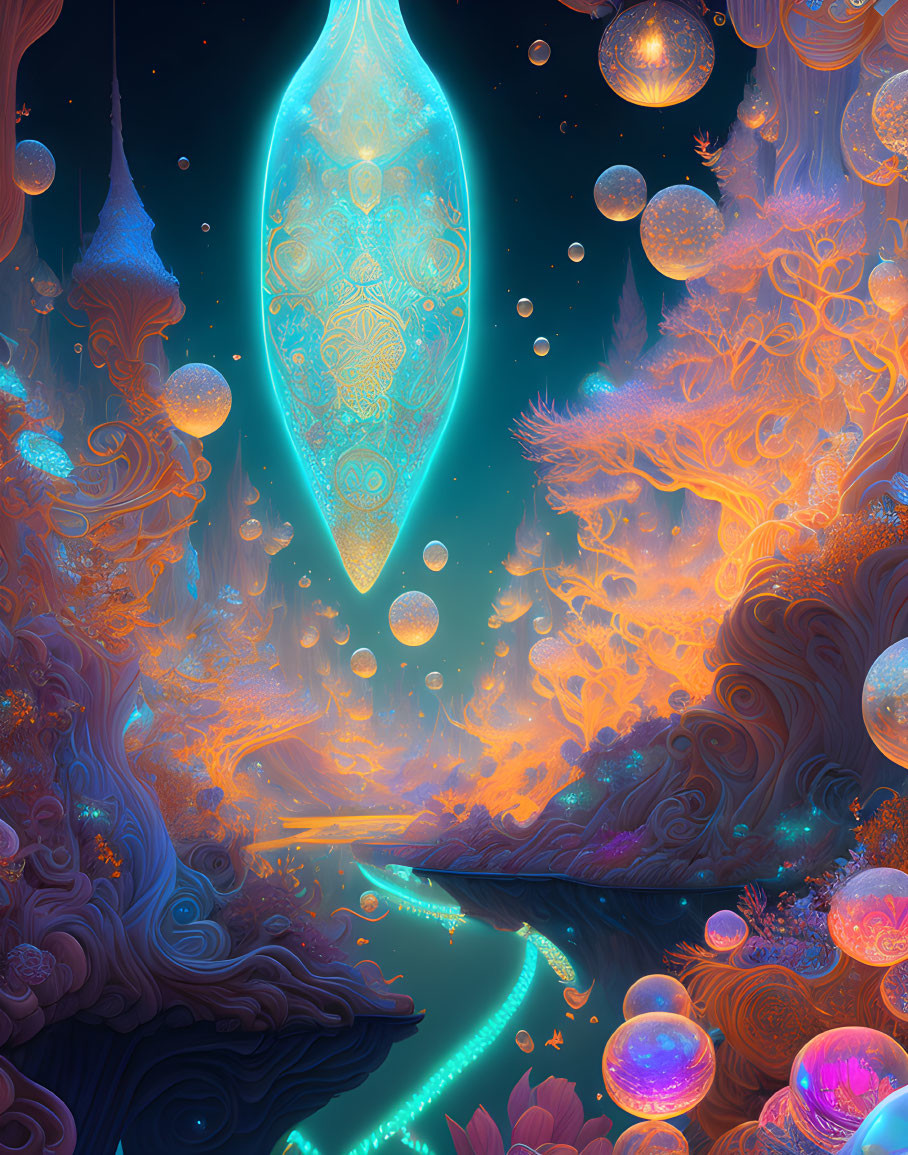 Mystical landscape with ornate trees, floating orbs, glowing river, and luminous pendant