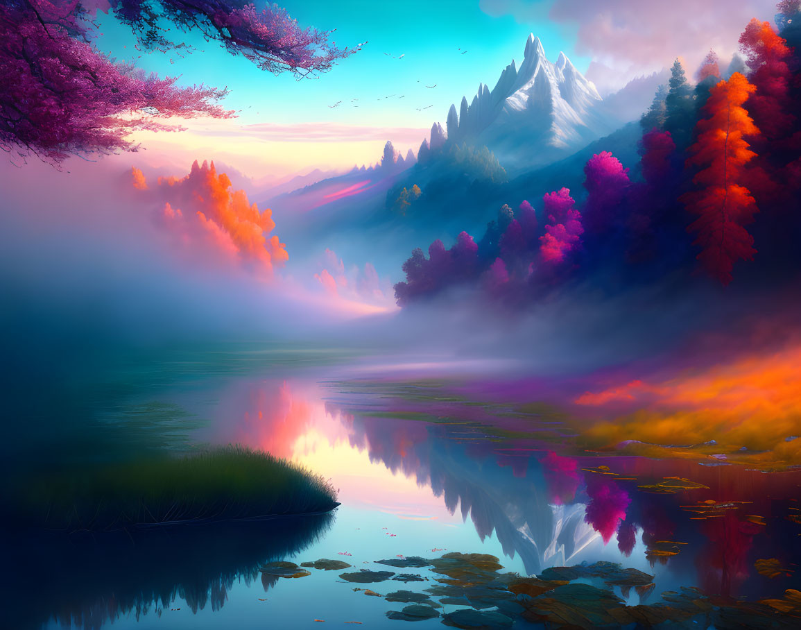 Colorful Trees Reflecting in Calm Lake with Mountain View