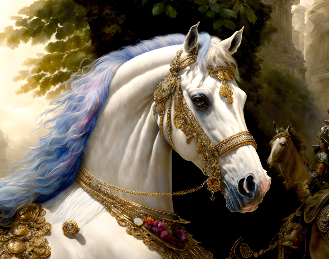 White Horse with Golden Bridle and Blue Mane Against Castle Background