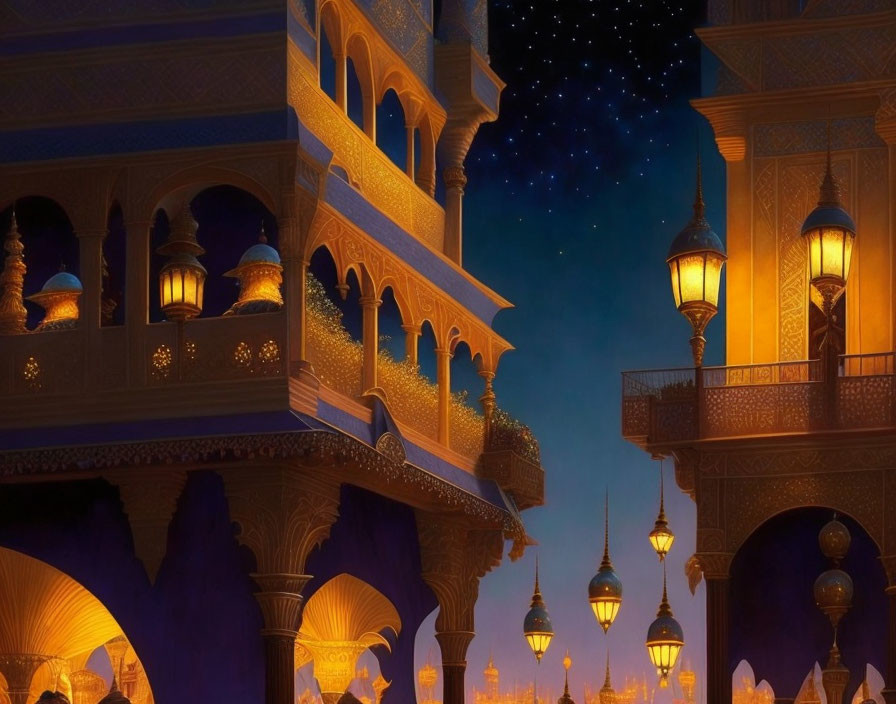 Arabian night scene with starry sky, ornate lanterns, and golden palace balconies