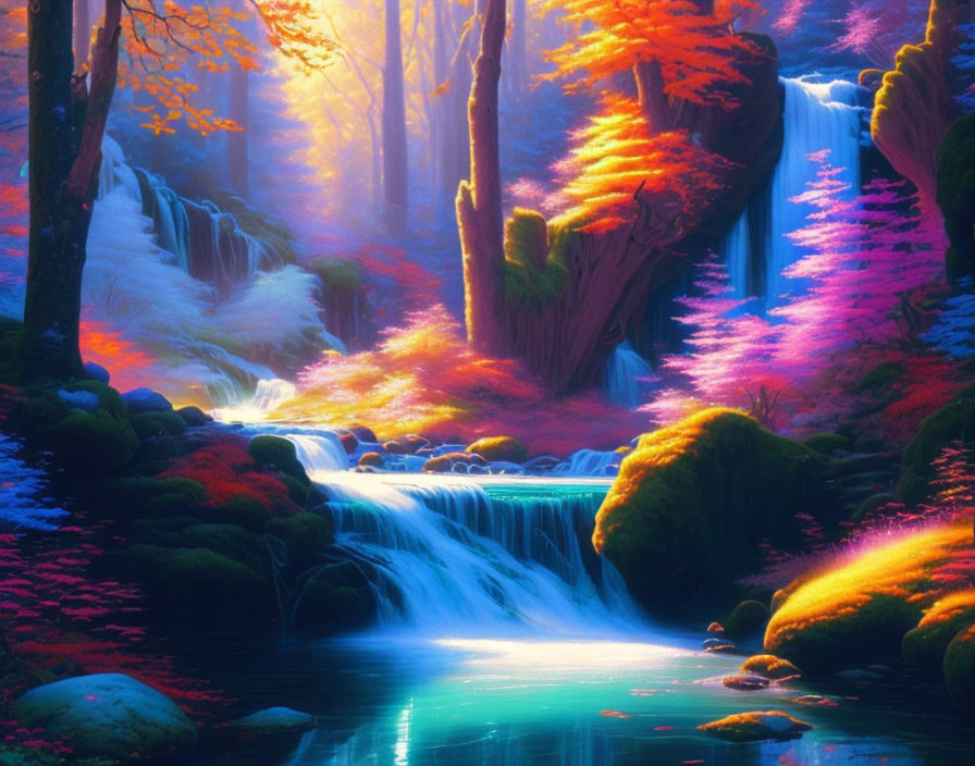 Colorful Forest Scene with Cascading Waterfall and Lush Foliage