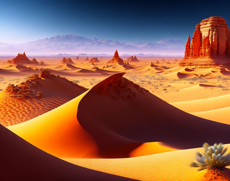 Vast desert landscape with orange sand dunes and mountains