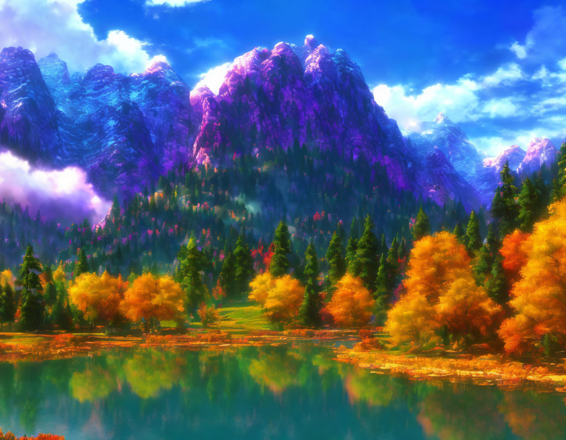 Scenic autumn landscape with colorful trees, serene lake, and misty mountains