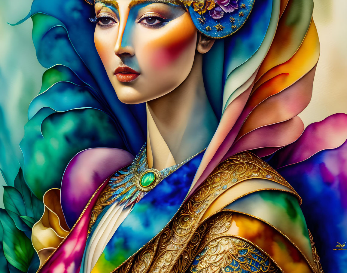 Colorful digital artwork of stylized woman with floral and ornamental details in blues, yellows,