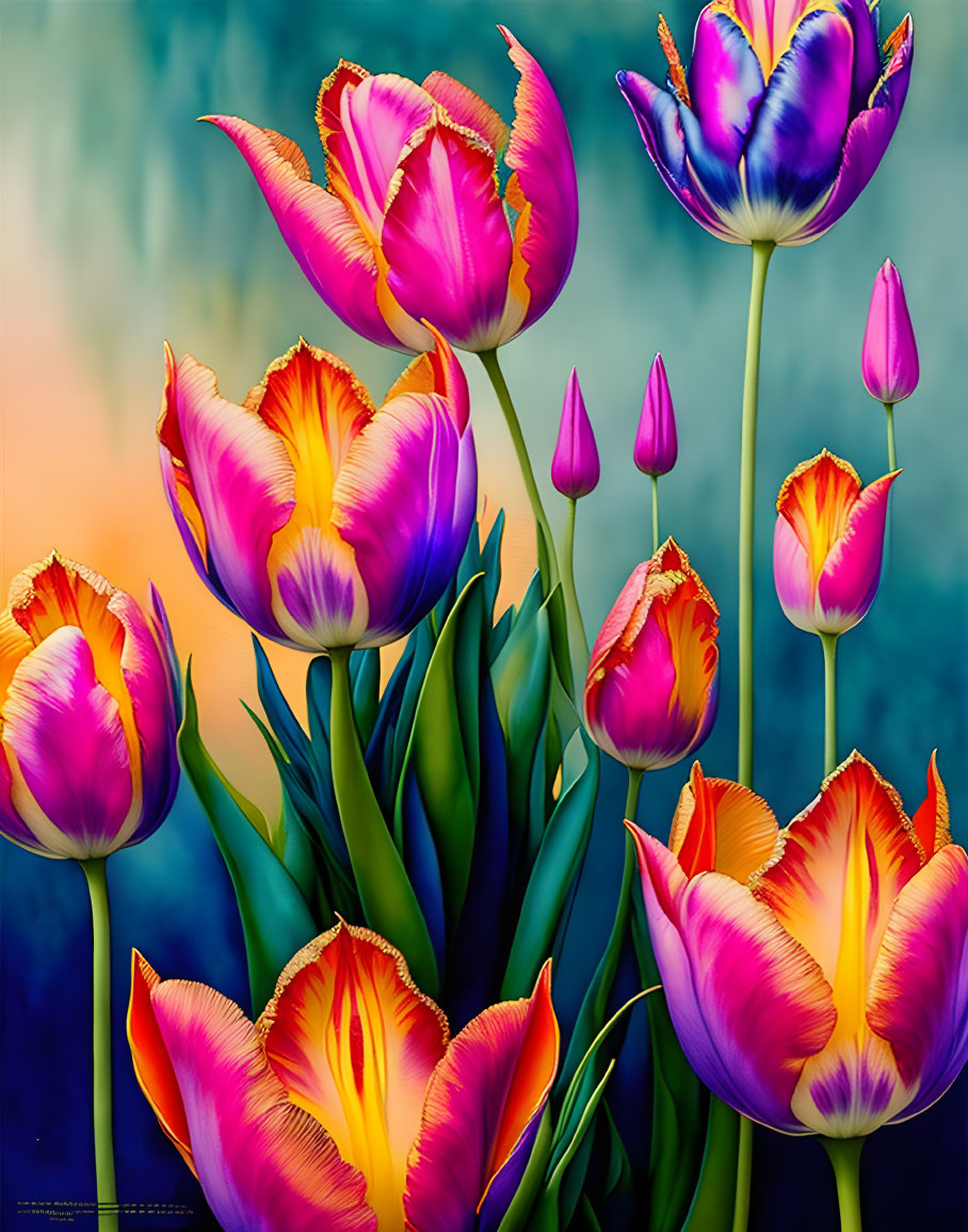 Colorful tulips blooming in purple, pink, and orange against a turquoise backdrop