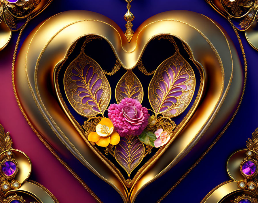 Intricate golden heart with rose and jewels on deep blue background