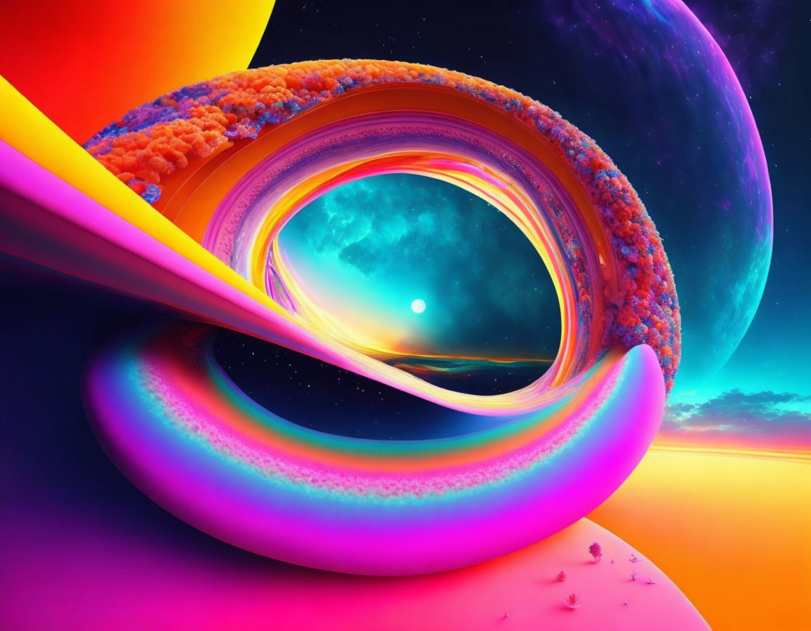 Colorful Psychedelic Digital Artwork of Celestial Bodies and Luminous Star