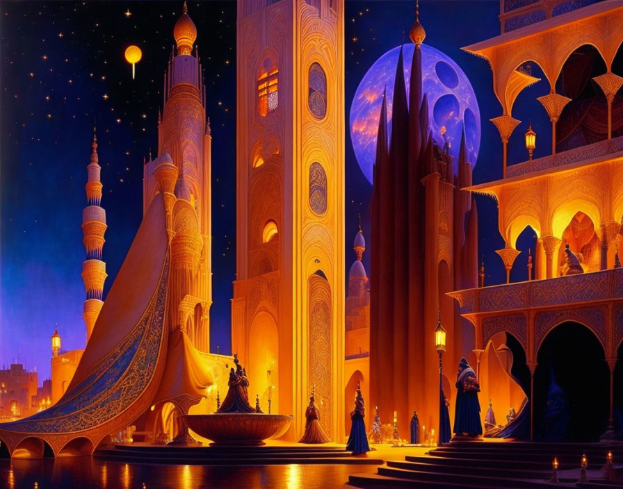 Fantasy Arabian city illustration at twilight with ornate buildings and traditional attire characters