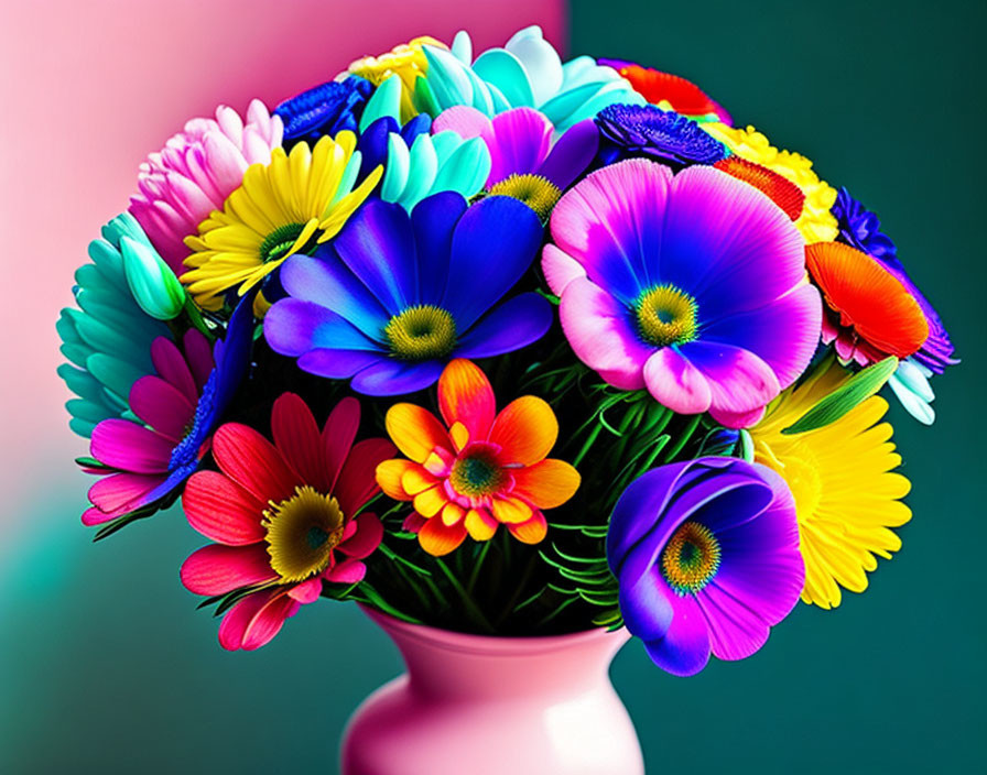 Colorful Flower Bouquet in Pink Vase on Gradient Background