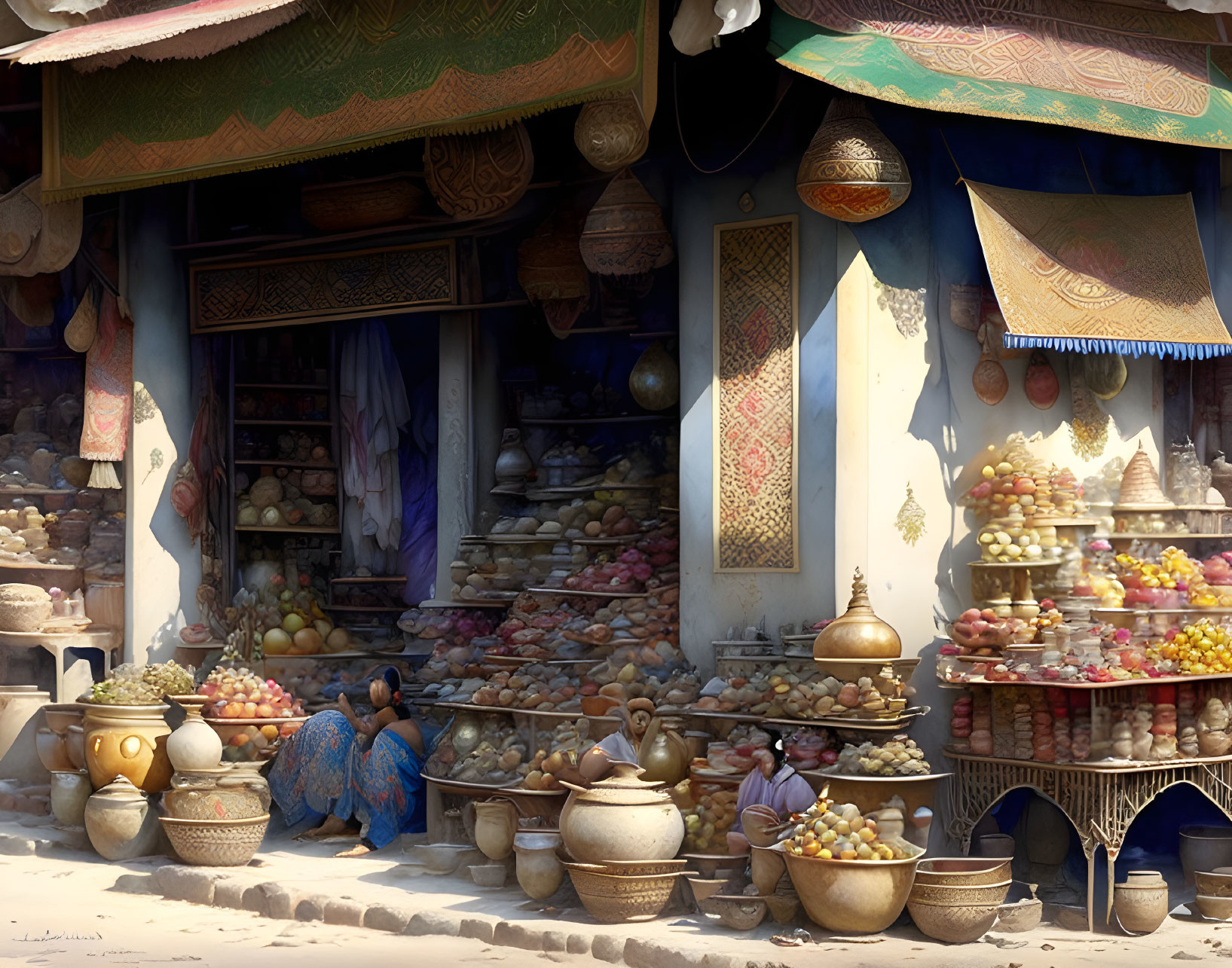 Vibrant market scene with colorful fruit displays, pottery, and textiles