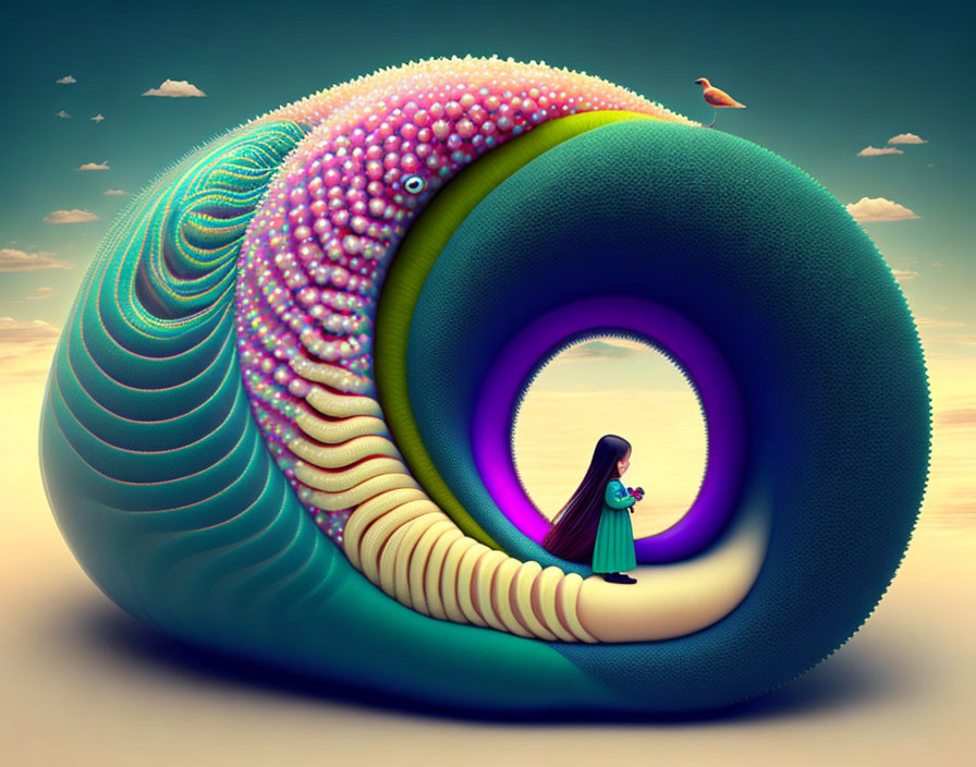 Surreal illustration of girl in colorful spiral shell under dreamy sky