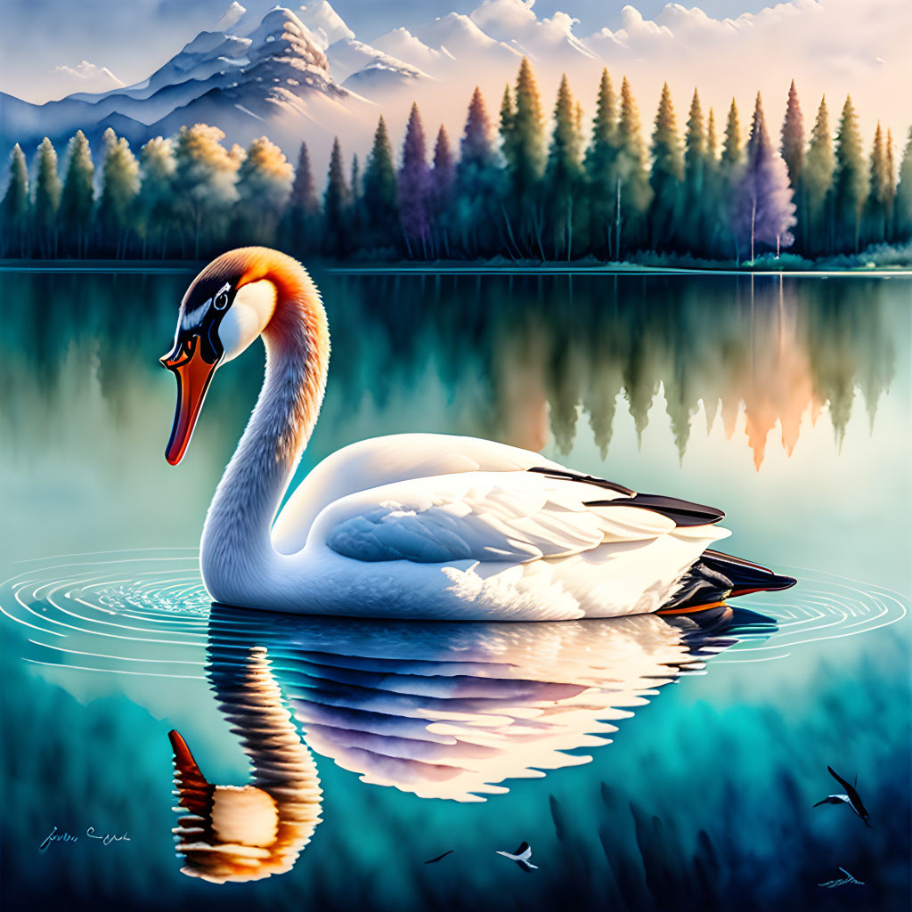 Swan gliding on tranquil lake with reflection, forest, and mountain.