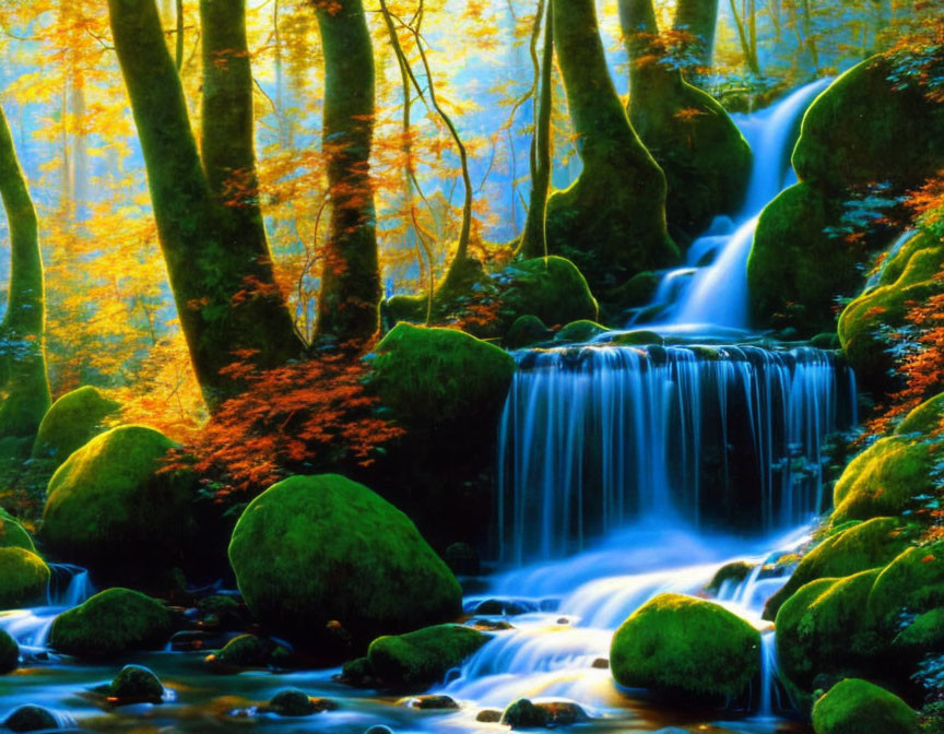 Tranquil waterfall in autumn forest with moss-covered stones