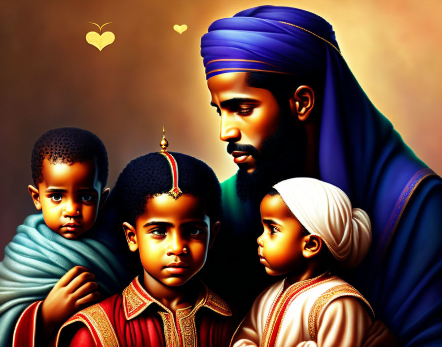 Colorful illustration of a man in a blue turban with three children, showcasing warmth and family bonds