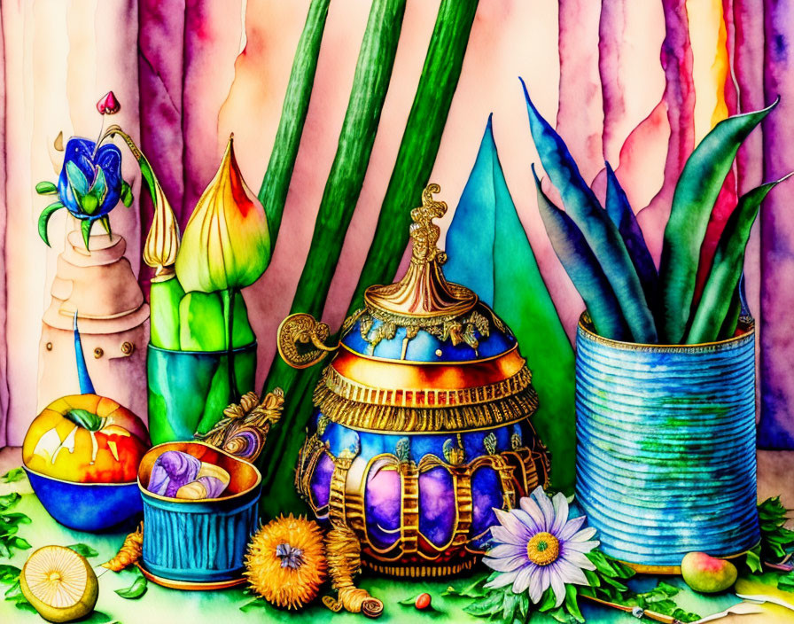 Assorted colorful containers and plants in watercolor art