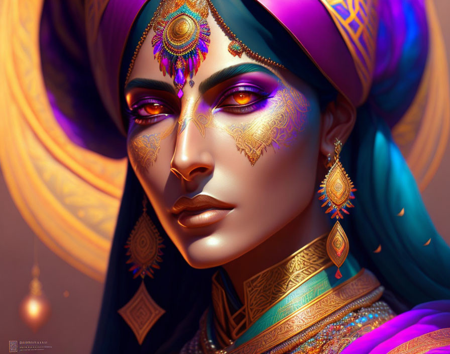 Vibrant digital portrait of a woman with blue hair and gold jewelry