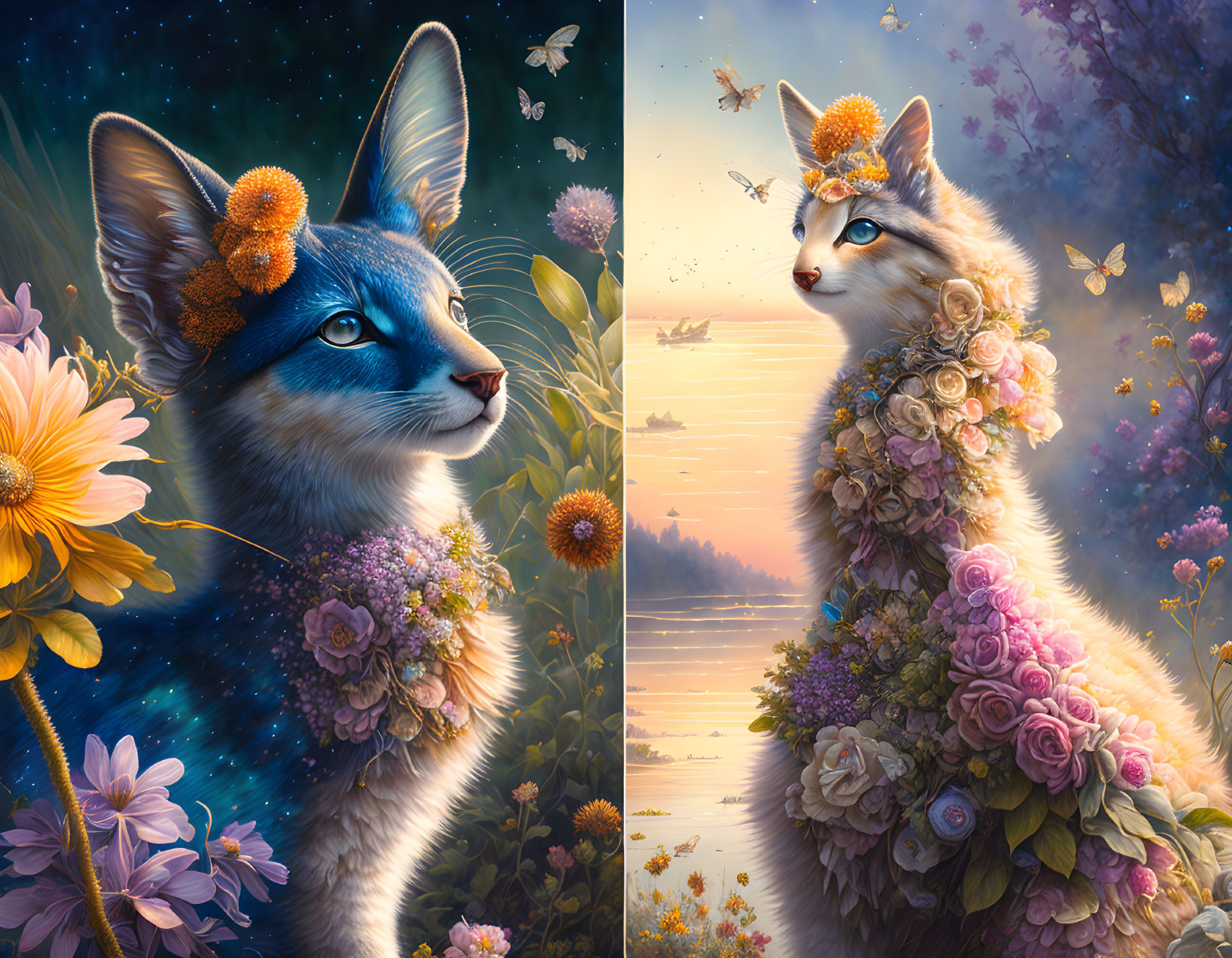 Stylized cats with flowers and butterflies in dreamy dusk sky