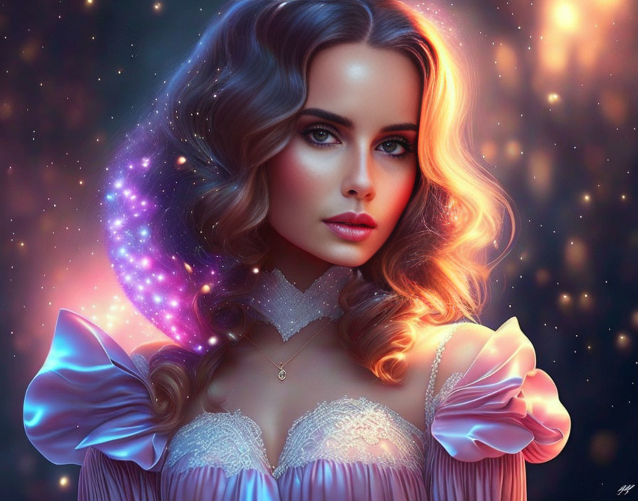 Digital artwork of woman with wavy hair and intense eyes in frilly dress on cosmic background