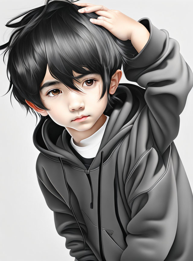 Illustration of child with big eyes and black hair in grey hoodie on light backdrop