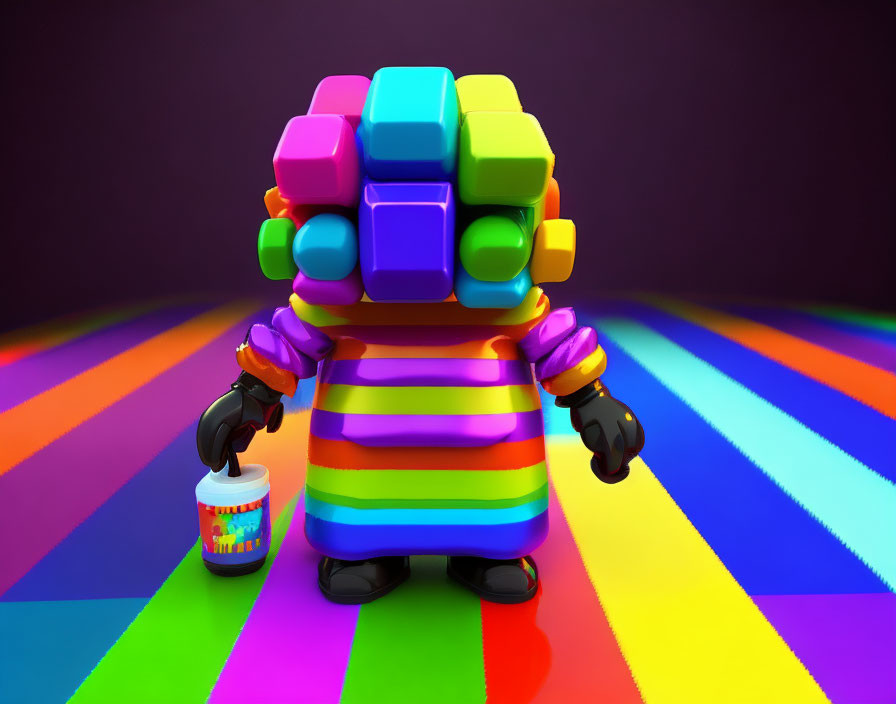 Colorful Cubical Head Figure in Rainbow Jumper Holding Paint Can