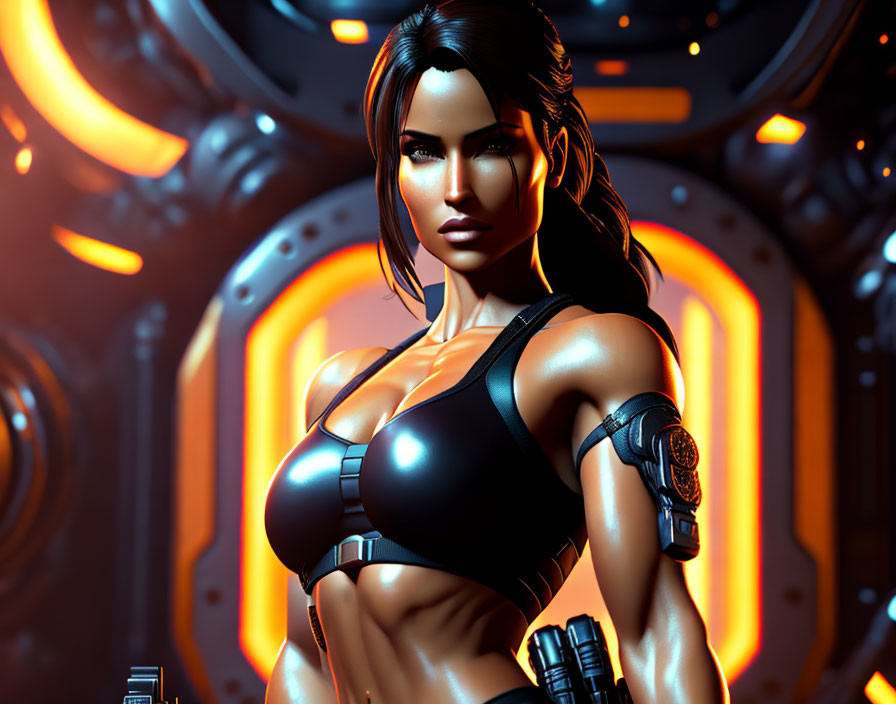 Digital Artwork: Female Character in Futuristic Black Attire on Glowing Orange Background