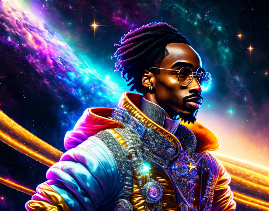 Colorful Stylized Portrait of Man with Dreadlocks and Futuristic Jacket