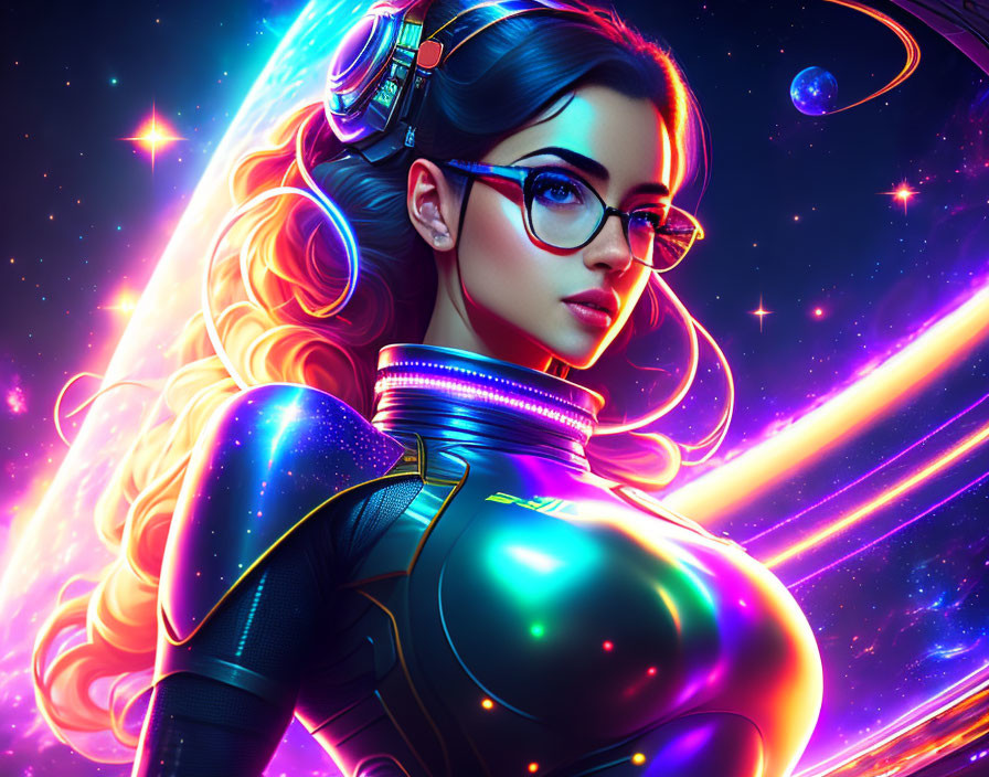 Futuristic digital artwork: woman with glasses, headphones, vibrant space background