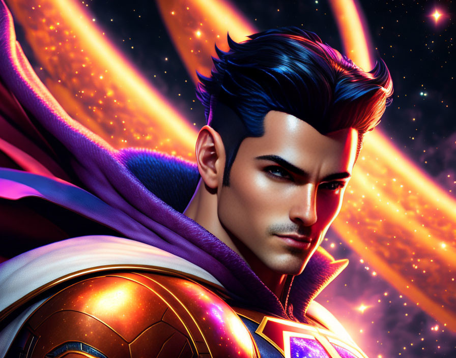 Illustration of heroic male figure with stylized hair and cape in cosmic backdrop