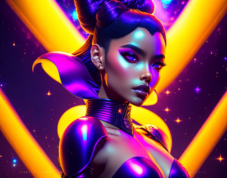 Stylized digital art of futuristic woman with purple skin and metallic clothing