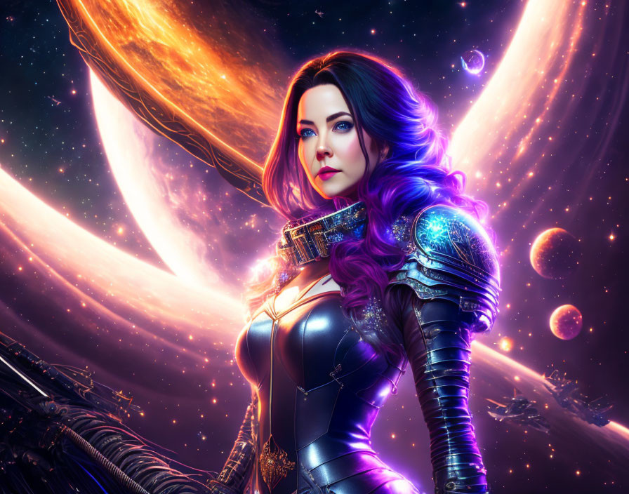 Digital artwork: Woman with vibrant blue hair in futuristic armor against cosmic backdrop