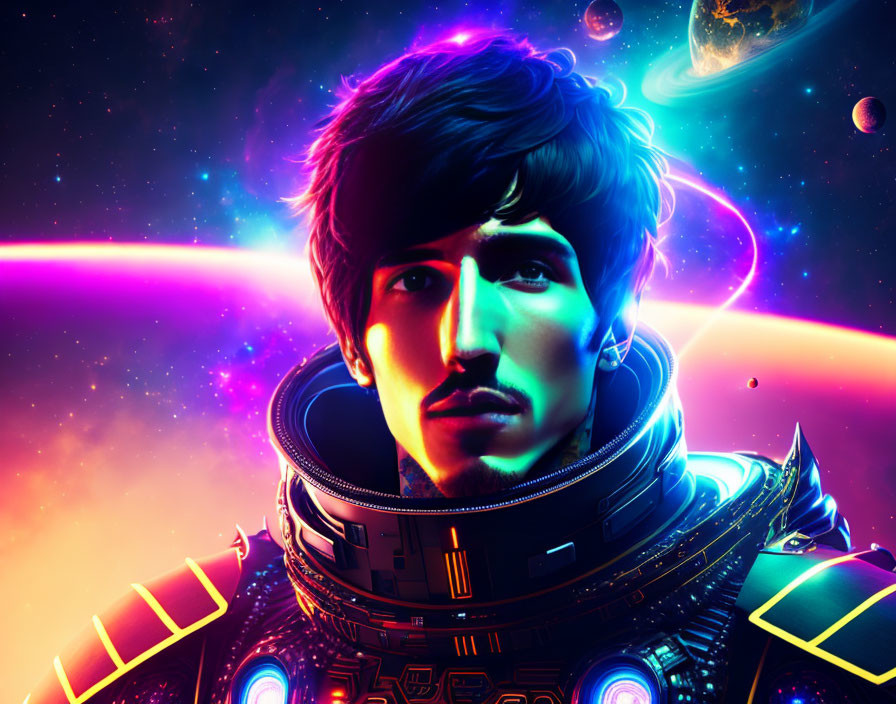 Vibrant young male astronaut in cosmic galaxy portrait