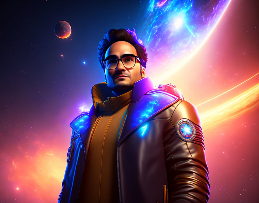 Character with glasses and beard in cosmic setting with vibrant colors